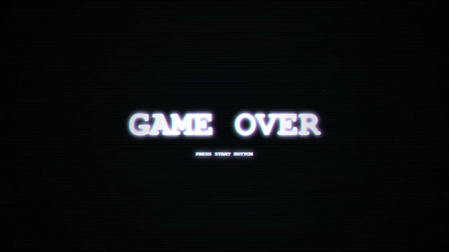 Glitching retro game over screen with neon text and static lines, failure and end of game