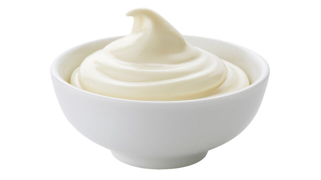 Creamy mayonnaise swirl in white bowl