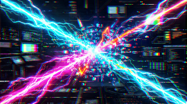 Futuristic digital neon glitch explosion with cyber lightning chromatic aberration pop style
