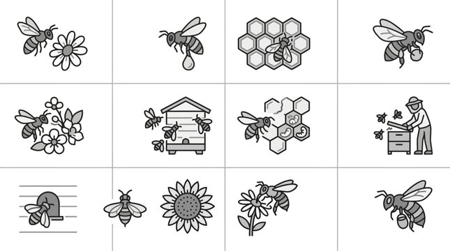 Beekeeping and honeybee life cycle line icons.