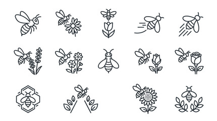 Bee and flower line icons for garden and nature. © Dgyno
