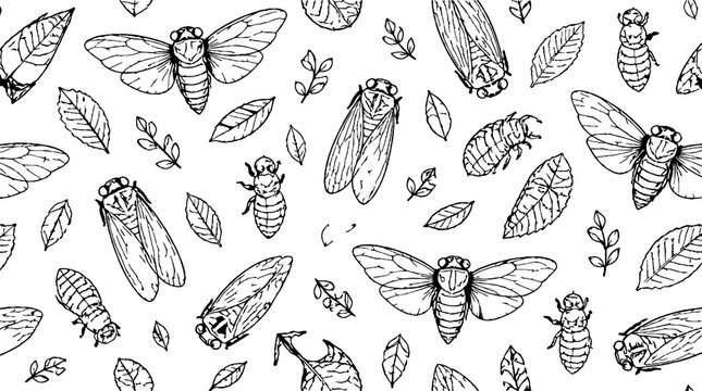 Detailed black and white cicada and leaf illustration.