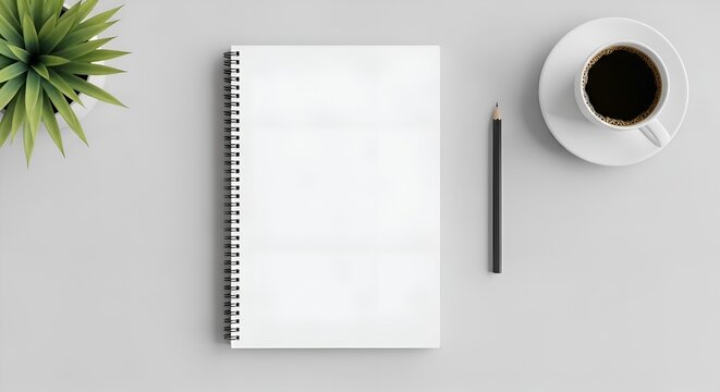 Blank Notebook with Coffee and Plant on White Desk - Overhead View