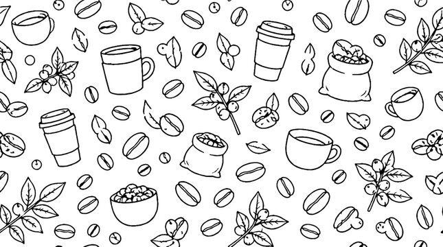 Hand drawn coffee beans and cups pattern design.