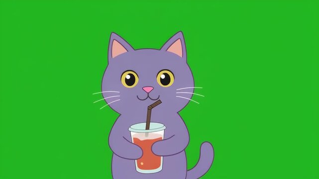 Playful purple cat sips iced beverage with happy expressions on green screen background