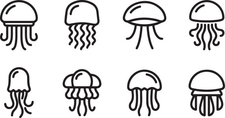 Eight stylized jellyfish icons in simple black and white line art Vector © Runa