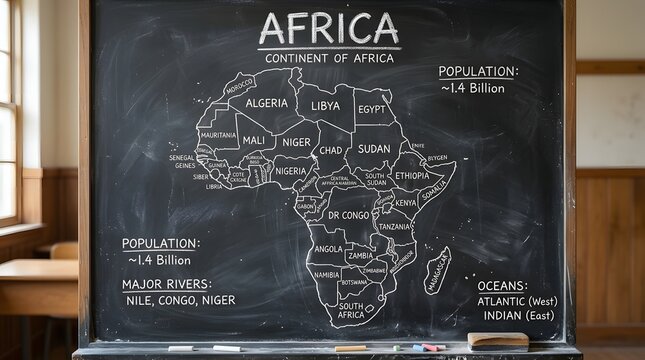 Dark infographic Africa map with labels and chalk-style typography.