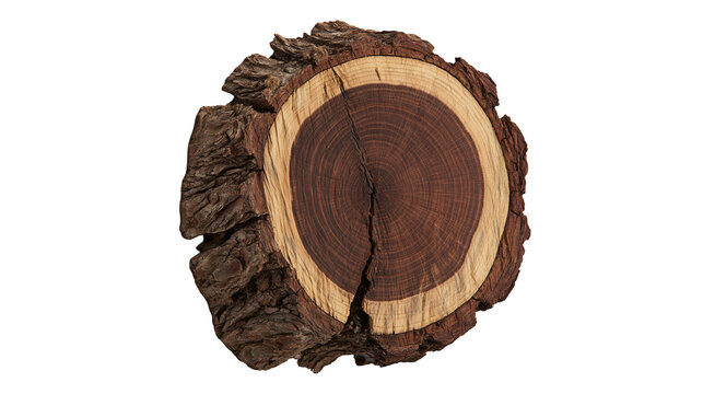 Cross section of dark wood log with rough bark and growth rings