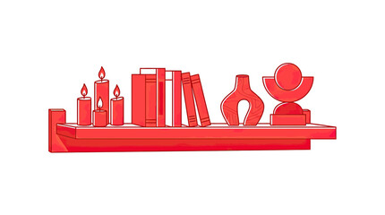 Cozy Bookshelf Decor: Candles, Books, Vases, and Sculpture on White Background © Fiji