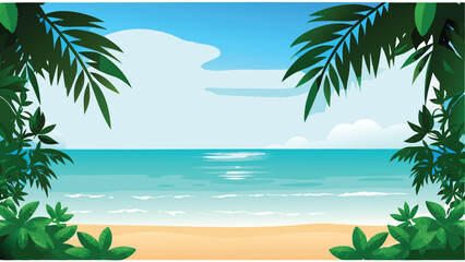 Fototapeta premium Tropical beach scene with palm leaves vector illustration