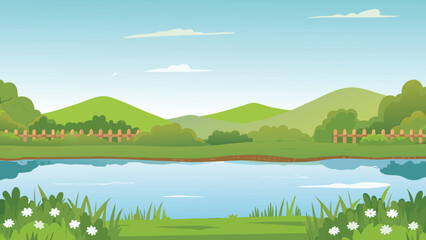 Rolling hills and calm water a vector landscape scene © PUNNABEGUM