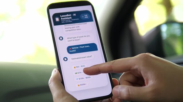 Using LeaseBot AI to find a leasing plan for business assets. The user selects vehicle fleet, value range, and a 4-5 year term via chat. Perfect for fintech, equipment leasing, and AI assistant