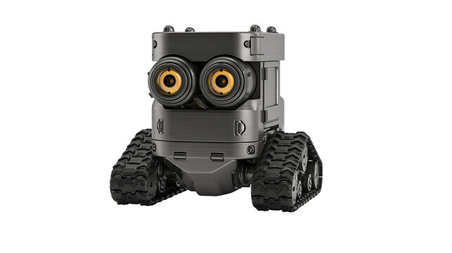 Small gray robot with caterpillar tracks and camera eyes