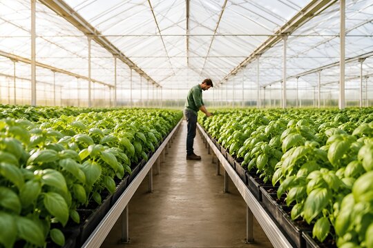 Ouvrier inspectant des plants verts dans une serre agricole