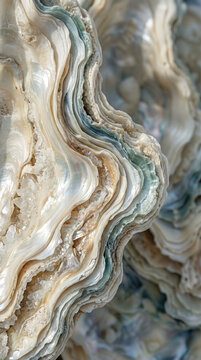 Detailed macro of natural iridescent giant clam shell &mdash; Organic aquatic mineral texture with wavy nacre layers