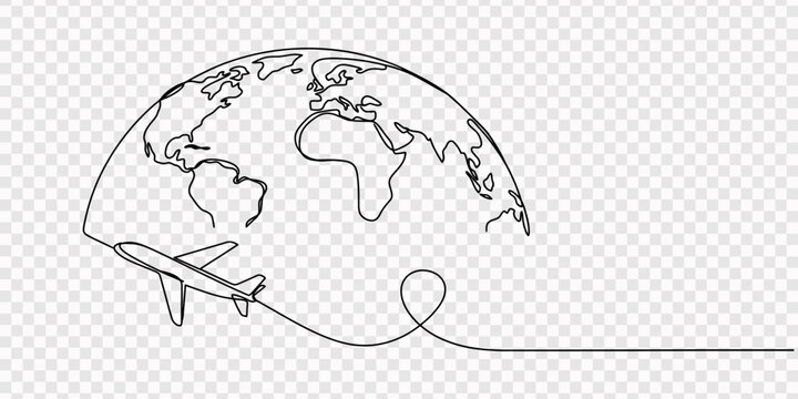 airplane flying around the earth one line vector illustration, Planet map and planes icon line continuous drawing vector. One line Planet and planes icon vector background. Travel by plane icon. one