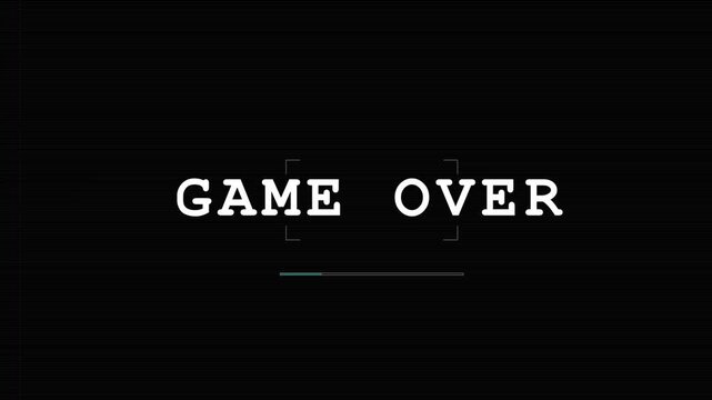 Game over text on glitch effect screen, retro arcade video game ending, failure screen