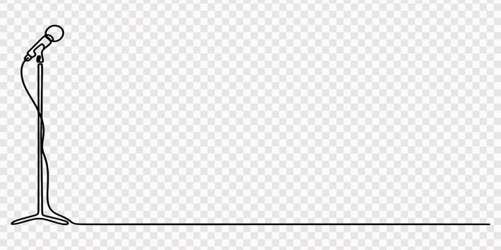 microphone on a stand continuous one line drawing, Singular line drawing of a microphone on a stand vector illustration white background one line continuous music equipment microphone performance