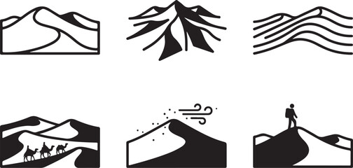 Obraz premium Six black and white mountain and nature icons with people and animals Vector