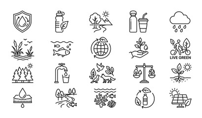 Fototapeta premium Eco Hydration and Nature Outline Icon Collection for Sustainable Living