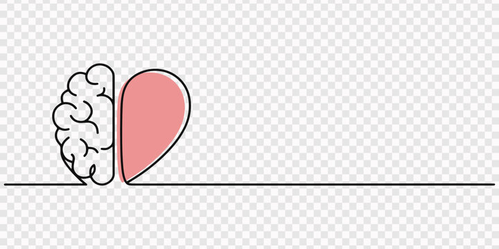 Continuous line art of human heart and brain fusion symbolizing emotion and logic. No editable stroke, One continuous line drawing of half human brain and love heart shape logo icon. Psychological