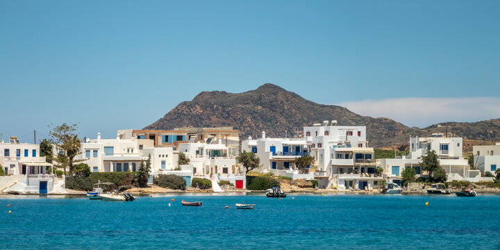 View of houses in the harbor of Pollonia in Milos, Cyclades islands, Greece