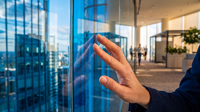 A person's hand gently touching a modern glass wall in a high-rise office building with city reflections.