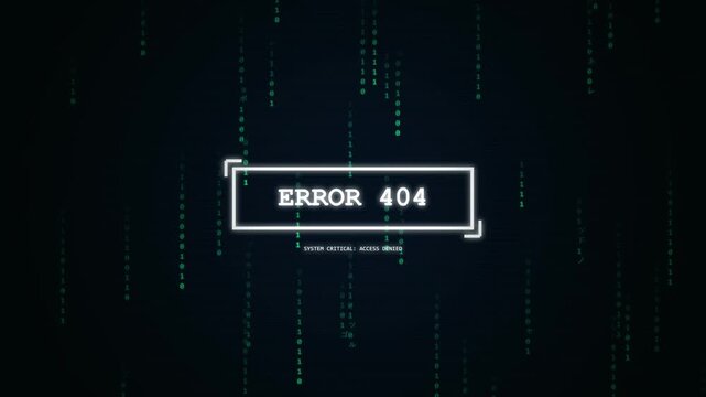 computer screen displaying error 404 message with digital data stream background, digital glitch effect, cyberspace data transfer