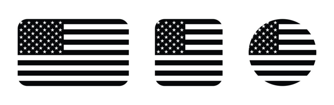 Black and white USA national flag collection featuring rounded rectangle square and circular vector graphics