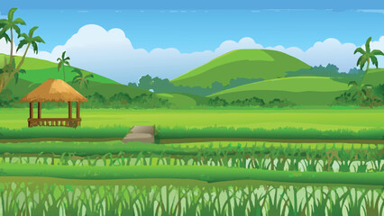 Green rice paddy fields with a thatched roof gazebo vector illustration © PUNNABEGUM