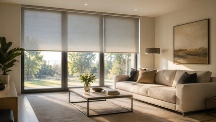 Fototapeta premium Energy Saving Roller Blinds in Modern Sunlit Living Room