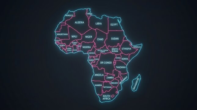 Neon Africa map with glowing country borders in futuristic digital style.