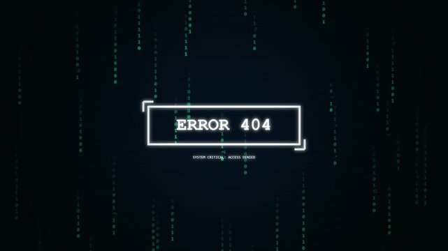Digital error 404 message displayed on screen with glitch effect and falling binary code, technology concept