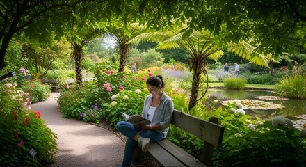 Fototapeta premium Woman Reading Alone on a Bench in a Lush Botanical Garden