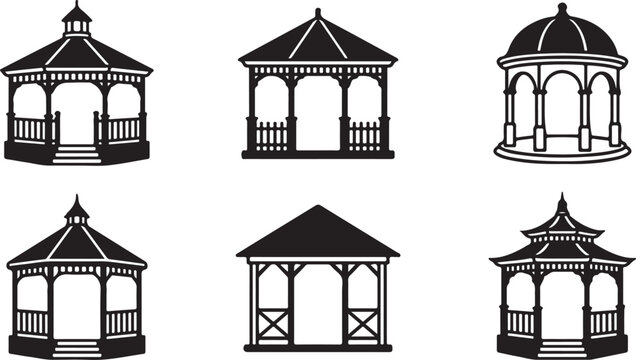 Six different gazebo styles with black and white vector illustration Vector