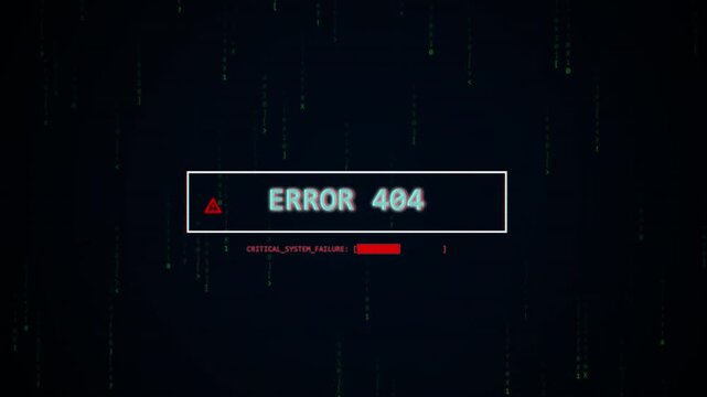 Error 404 page not found with digital glitch effect, cyber security data stream background, system failure alert