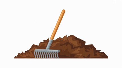 Naklejka premium Metal garden rake standing upright in a large pile of brown mulch or soil for landscaping and outdoor lawn maintenance tasks on white background.