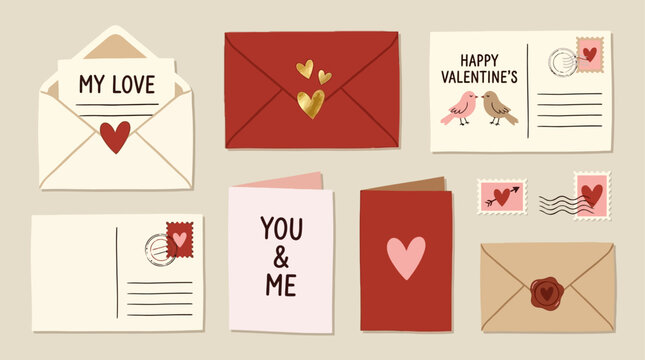 Collection of hand drawn modern postal cards and romantic envelope set featuring elegant love letters and stationary elements in vector illustration for greeting designs and mail correspondence.