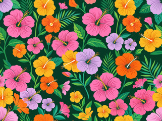 Seamless tropical hibiscus floral pattern. Vibrant exotic flowers and palm leaves on dark background for textiles and summer designs. © Suti