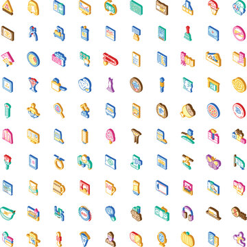 Set of diverse isometric icons representing various business, retail, and communication concepts, depicting objects and symbols for modern web and application design on a white background