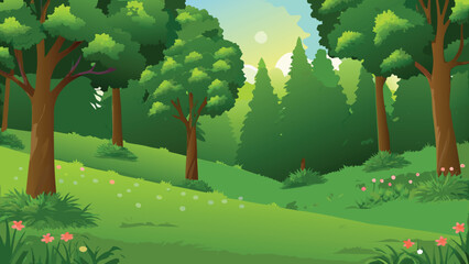 Lush forest landscape vector illustration with green foliage and sunlight © PUNNABEGUM