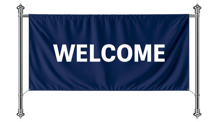 Navy blue welcome banner on silver poles © Miguel