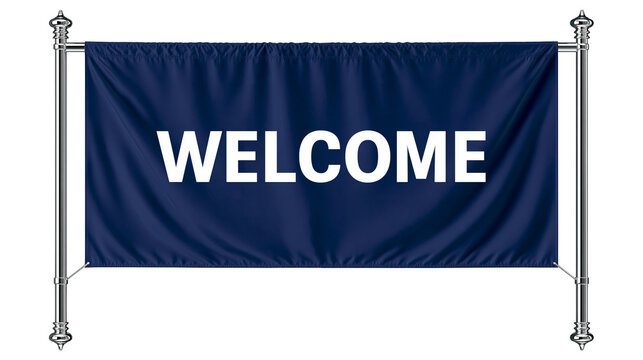 Navy blue welcome banner on silver poles