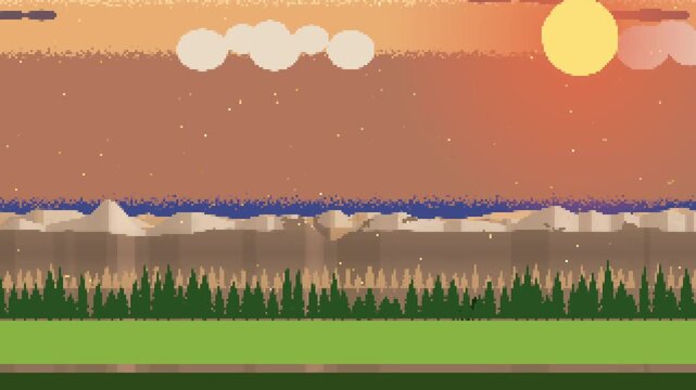 Loop starting causing pixel scene shifting at sunrise with sun clouds trees grass HUD for parallax