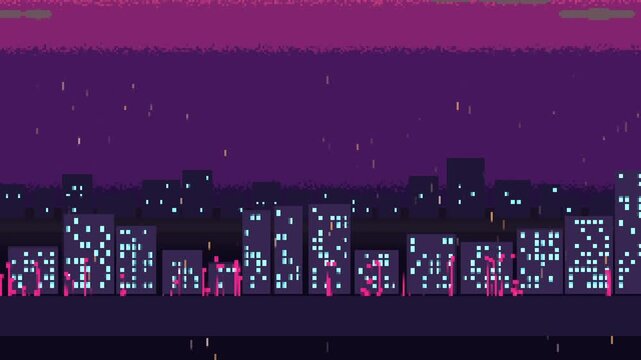 Panning camera revealing pixel-art street stretches, pedestrians shifting in rain with cyan windows