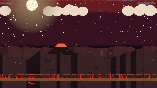 Framing centered orange top structure sitting on canyon ridge, moon halo pulsing, spikes flickering