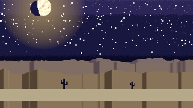Animating pixel desert canyon night for simple loop, stars flickering, moon halo pulsing, strip