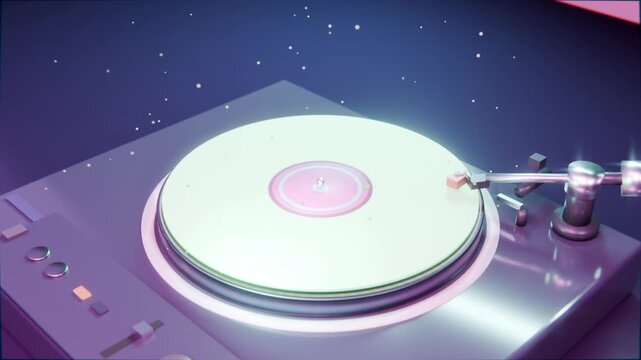 Glint traveling across platter initiating tonearm moving inward on tabletop turntable, pink label
