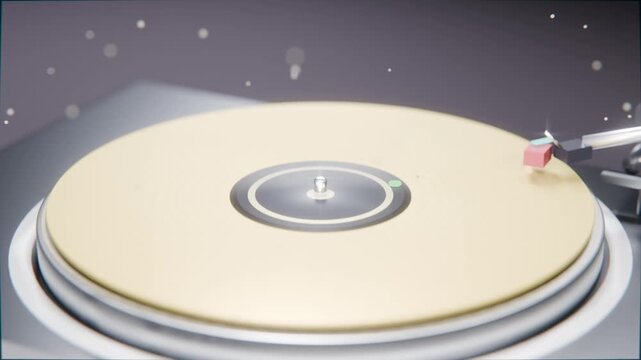 Cueing deck rotating on gray plinth gold vinyl turning while tonearm dropping red stylus playing