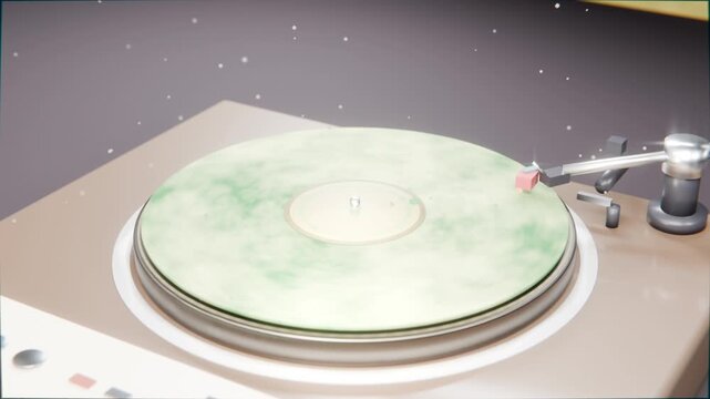 Spinning beige turntable playing pale green vinyl at studio as halo appearing, pink stylus lowering